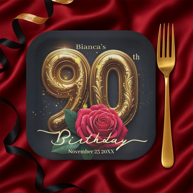 Plato De Papel Opulent Chic Red Rose Ornate Golden 90th Birthday (Subido por el creador)