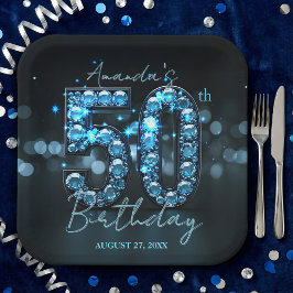 Plato De Papel Opulent Elegant Teal Blue Diamonds 50th Birthday