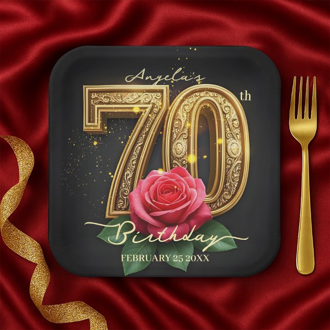 Plato De Papel Opulenta Rosa Ornate Filigree Gold 70th Birthday (Subido por el creador)