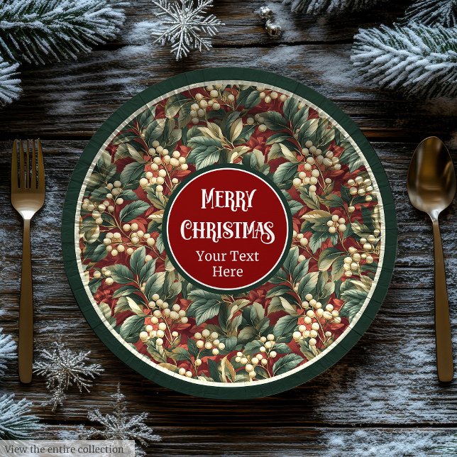 Plato De Papel Opulentos Navidades holly berries vegetación silen (Opulent Christmas holly berries greenery muted Paper Plates)