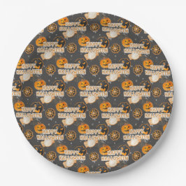 PLATO DE PAPEL ORANGE BLACK GRAY HAPPY HALLOWEEN PUMPKINS