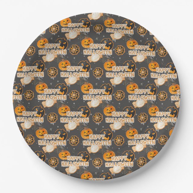 PLATO DE PAPEL ORANGE BLACK GRAY HAPPY HALLOWEEN PUMPKINS (Anverso)