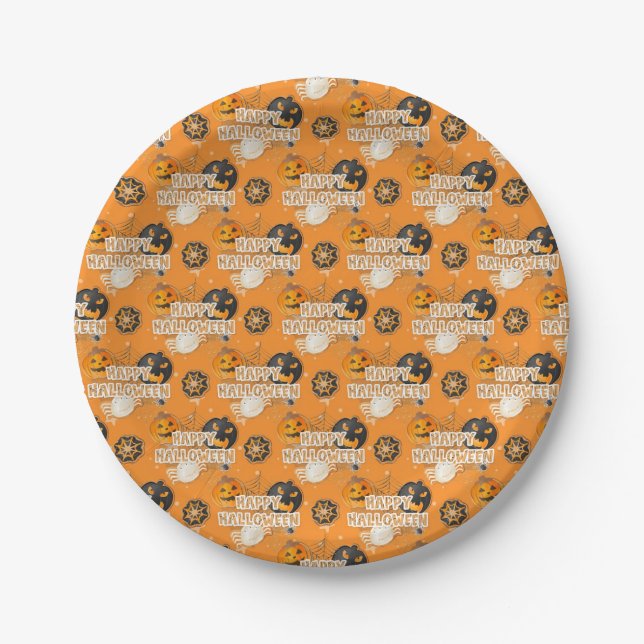 PLATO DE PAPEL ORANGE BLACK GRAY HAPPY HALLOWEEN PUMPKINS (Anverso)