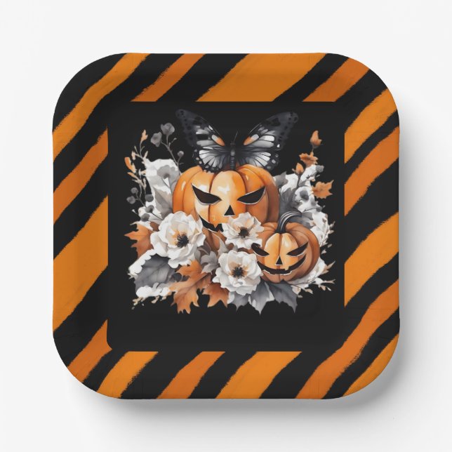 Plato De Papel Orange Halloween Pumpkin Floral (Anverso)