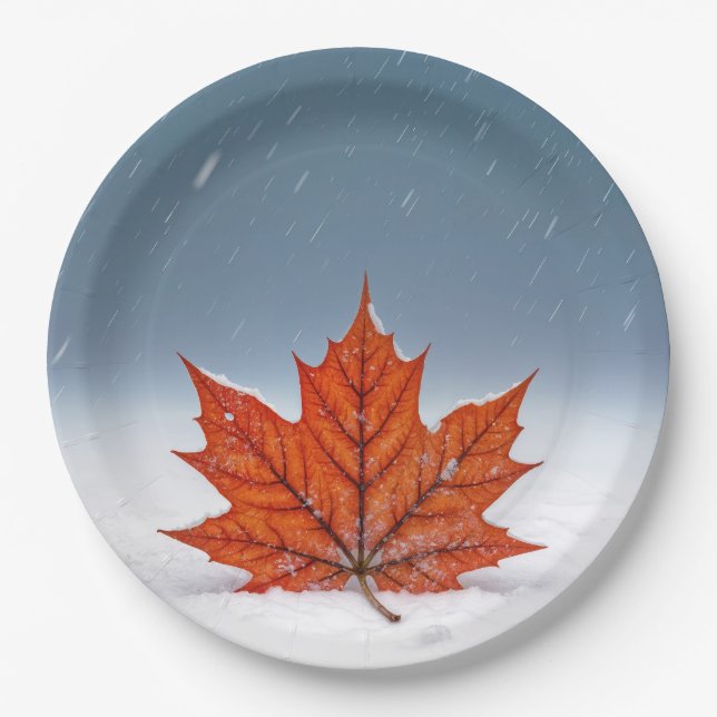 Plato De Papel Orange Maple Leaf On Fresh Snow  (Anverso)