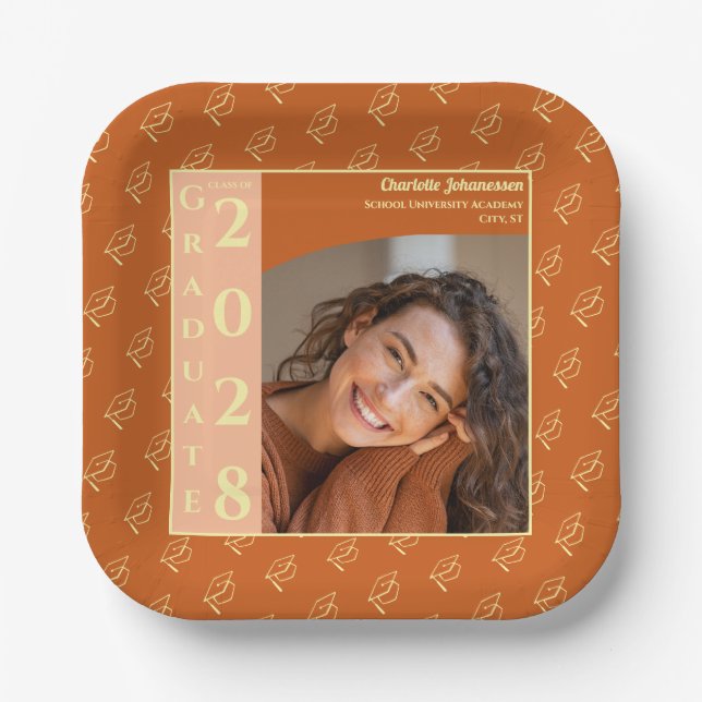 Plato De Papel Orange Modern Photo Graduation Party (Anverso)