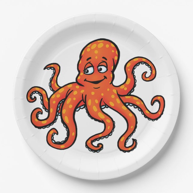 Plato De Papel Orange Octopus Cartoon Ocean Sea Creature (Anverso)