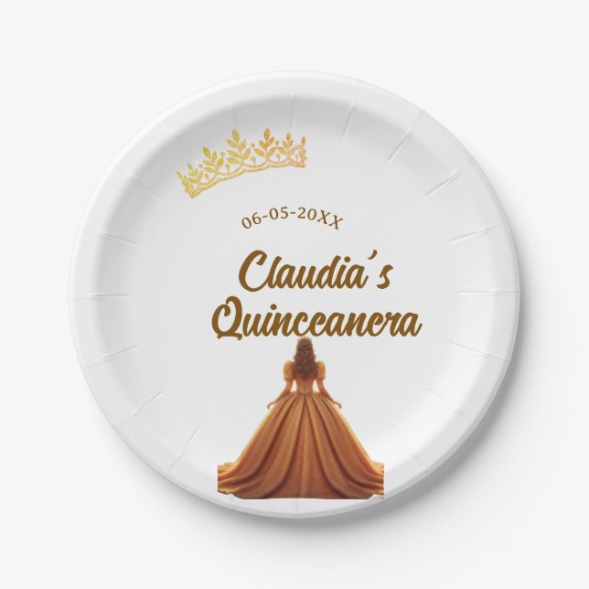 Plato De Papel Orange quinceanera princess crown birthday name da (Anverso)