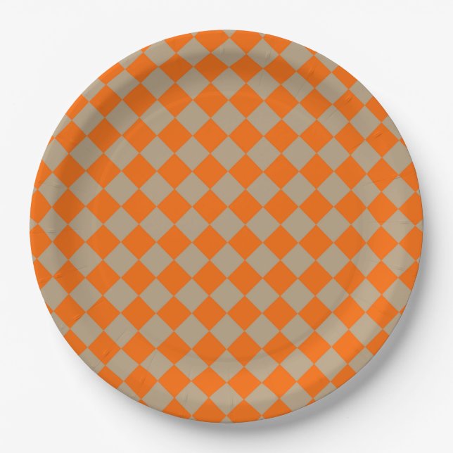 Plato De Papel Orange Taupe Checker Diamond Pattern (Anverso)