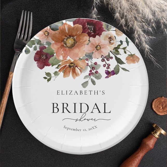 Plato De Papel Orange Terracotta Burgundy Floral Bridal Shower (Subido por el creador)