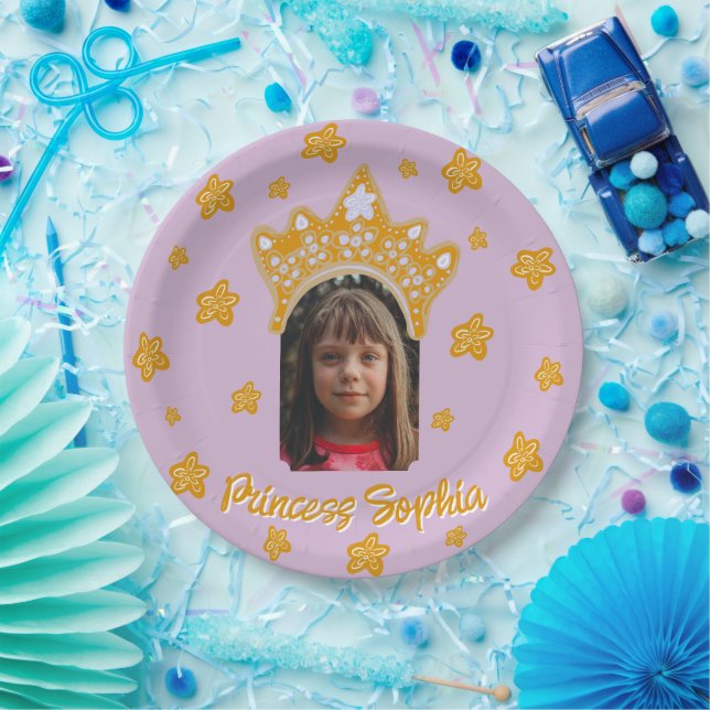 Plato De Papel Orchid Pink Princess Crown Floral Photo Birthday (Fiesta)