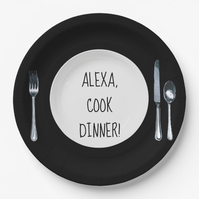 Plato De Papel Orden de Cook Dinner Alexa sobre placa blanca (Anverso)