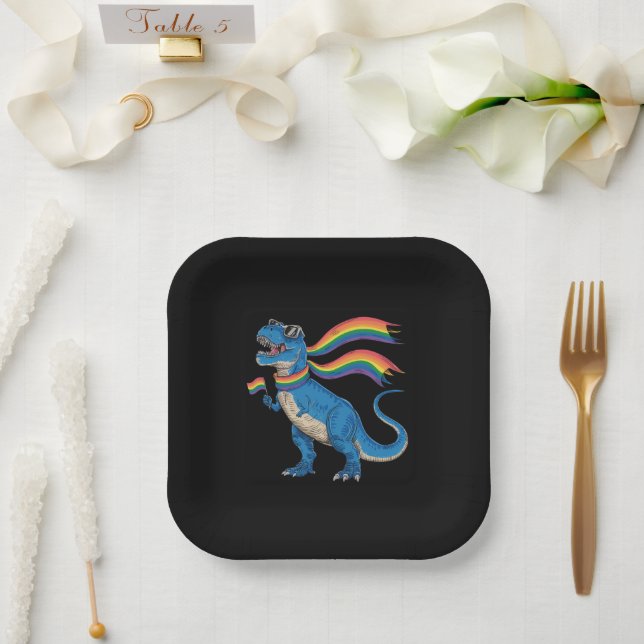 Plato De Papel Orgullo Gay Dino Trex Bandera Arcoiris Lgbt Ally (Boda)