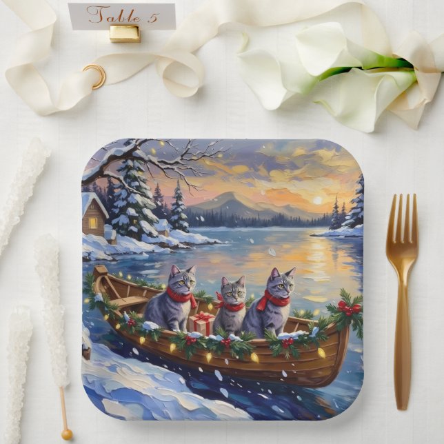 Plato De Papel Oriental Blue Cat Christmas Boat Holiday (Boda)