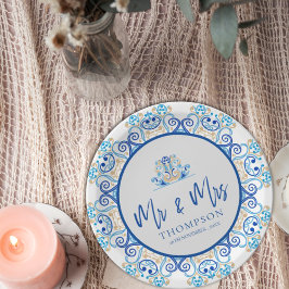 Plato De Papel Ornamental Amarillo Azul Sr. Fiesta de la boda de 