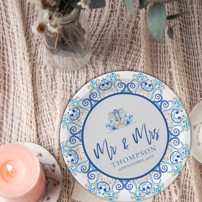 Plato De Papel Ornamental Amarillo Azul Sr. Fiesta de la boda de  (Blue Yellow Ornamental Mr Mrs Name Wedding Party Paper Plates)