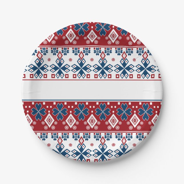Plato De Papel Ornamento azul rojo (Anverso)