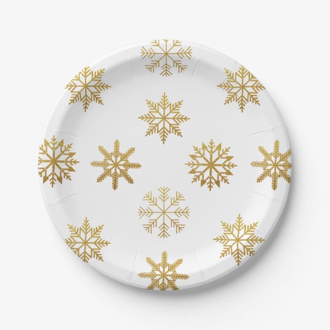 Plato De Papel Ornamento de copos de nieve blancos y dorados (Anverso)