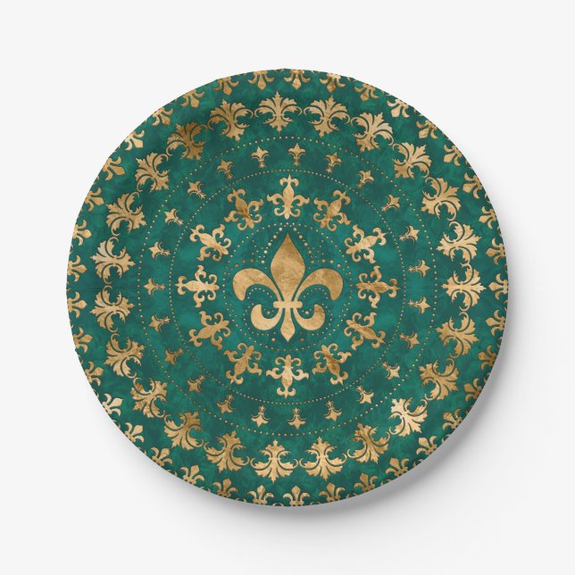 Plato De Papel Ornamento de Fleur-de-lis Emerald Green (Anverso)