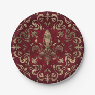 Plato De Papel Ornamento rojo y oro de flores de lis