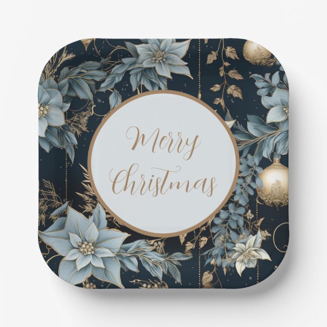 Plato De Papel Ornamentos de Navidad azules y dorados Poinsettias (Anverso)