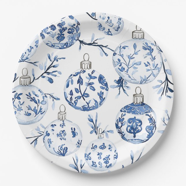 Plato De Papel Ornamentos de Navidad Blue White de moda (Anverso)