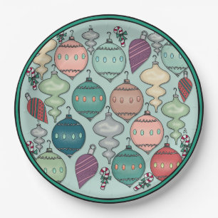 Plato De Papel Ornamentos de Navidad Retro Pastel en azul opal