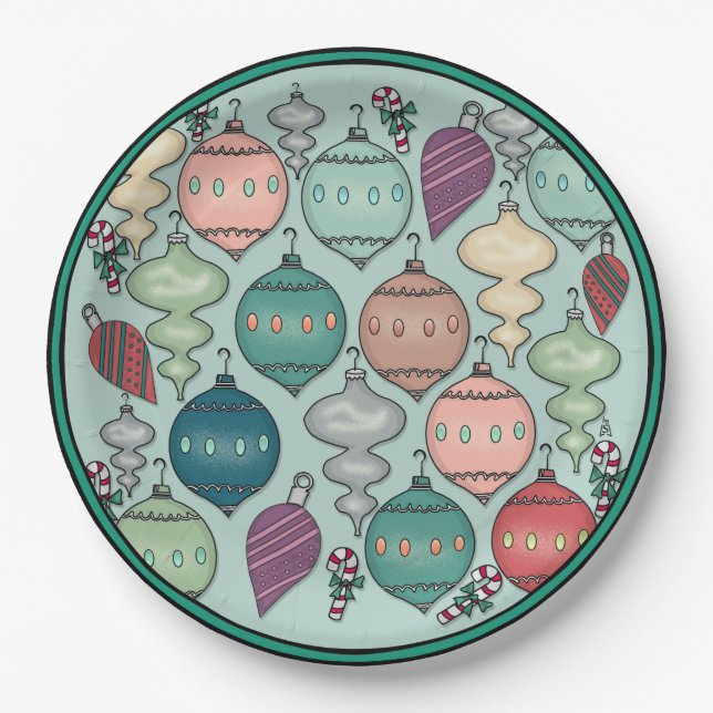 Plato De Papel Ornamentos de Navidad Retro Pastel en azul opal (Anverso)