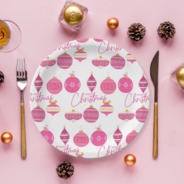 Plato De Papel Ornamentos de Navidad rosados (Pretty paper plates for your holiday gatherings!)