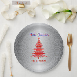 Plato De Papel Ornamentos de plata roja del árbol de Navidad mode