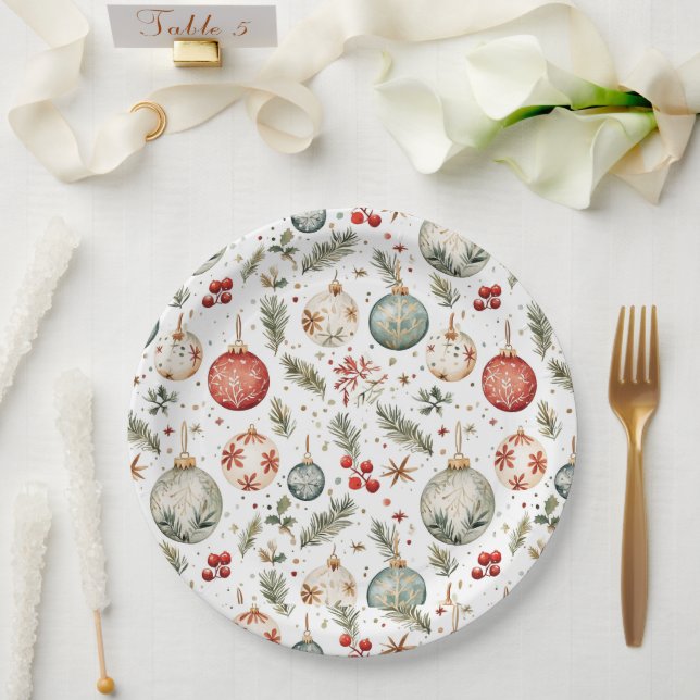 Plato De Papel Ornamentos de vacaciones de Navidades verdes rojos (Boda)