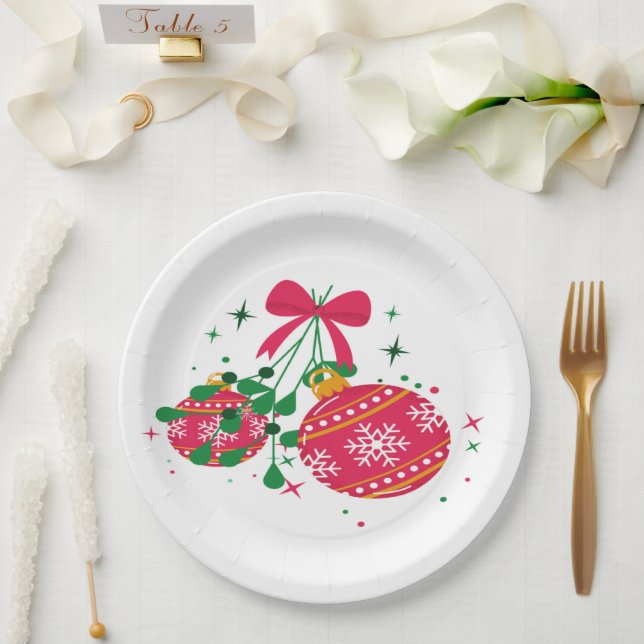 Plato De Papel Ornamentos festivos modernos, rojos y verdes (Boda)