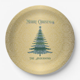 Plato De Papel Ornamentos modernos de nombre de oro verde del árb