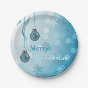 Plato De Papel Ornamentos navideños de Blue Faux Purpurina