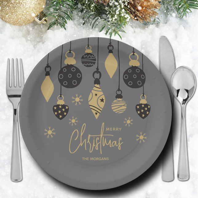 Plato De Papel Ornamentos navideños de moda en gris (Chic black and gold Christmas tree ornaments on grey paper plates in 2 sizes)