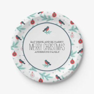 Plato De Papel Ornamentos navideños Foliage & Birds Pattern