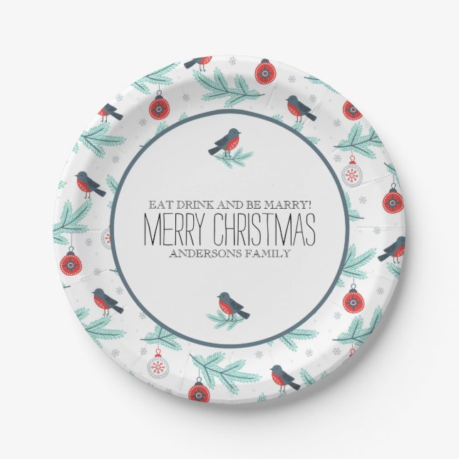 Plato De Papel Ornamentos navideños Foliage & Birds Pattern (Anverso)