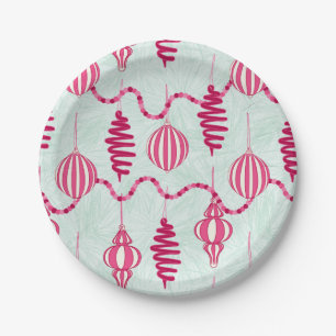 Plato De Papel Ornamentos y bayas de color rosa y verde