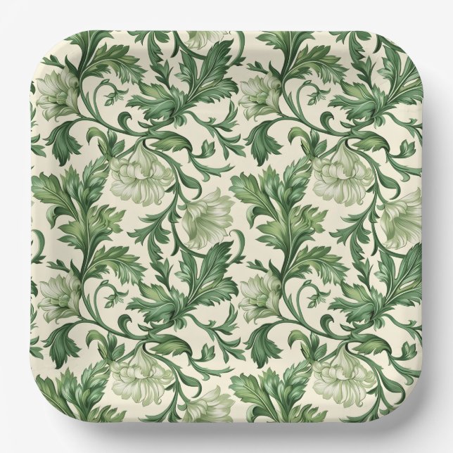 Plato De Papel Ornate dark green acanthus leaves pattern (Anverso)