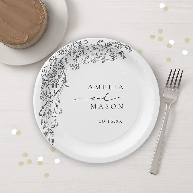 Plato De Papel Ornate Elegant Black and White Paper Wedding (Ornate Elegant Black and White Paper Wedding Paper Plates)