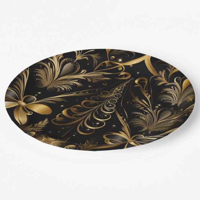 Plato De Papel Ornate Holiday Black And Gold (Angular)