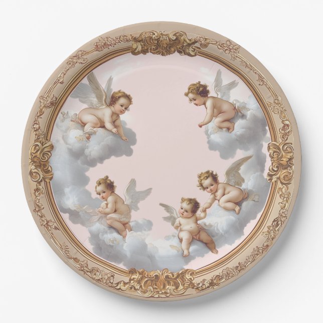 Plato De Papel Ornate Rococo Cherub Fiesta de nube rosa (Anverso)