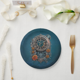 Plato De Papel Ornate Steampunk Clock con Rosas.