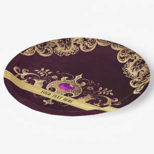Plato De Papel Ornato dorado morado