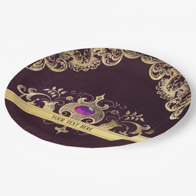 Plato De Papel Ornato dorado morado (Angular)