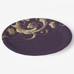 Plato De Papel Ornato dorado morado