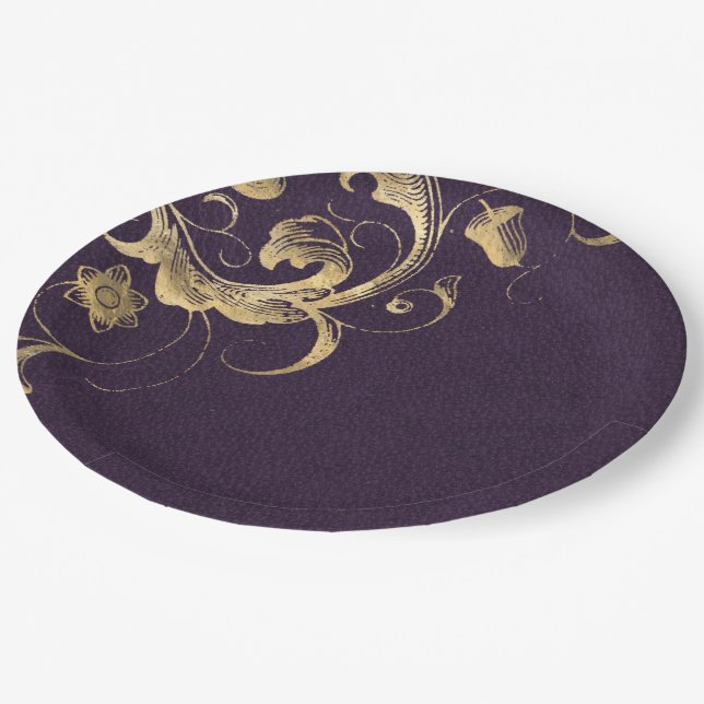 Plato De Papel Ornato dorado morado (Angular)