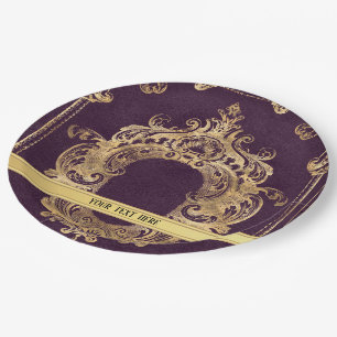 Plato De Papel Ornato dorado morado