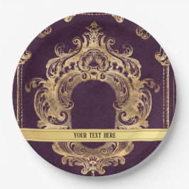 Plato De Papel Ornato dorado morado