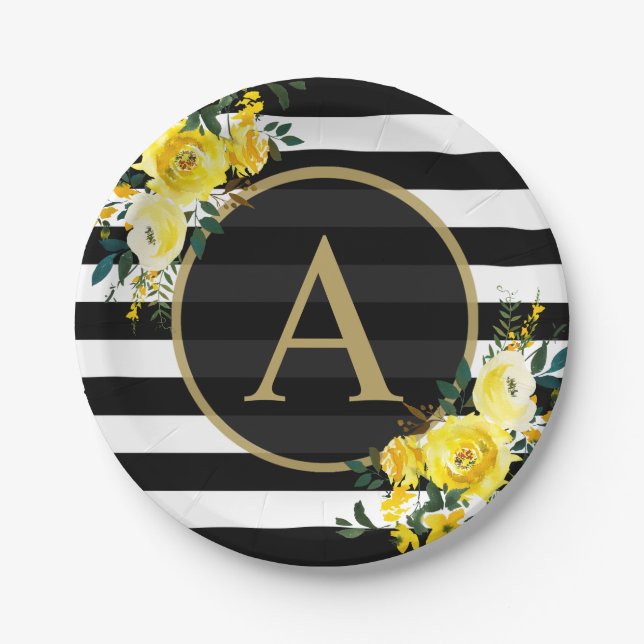 Plato De Papel Oro AMARILLO FLORAL Monograma blanco negro a rayas (Anverso)